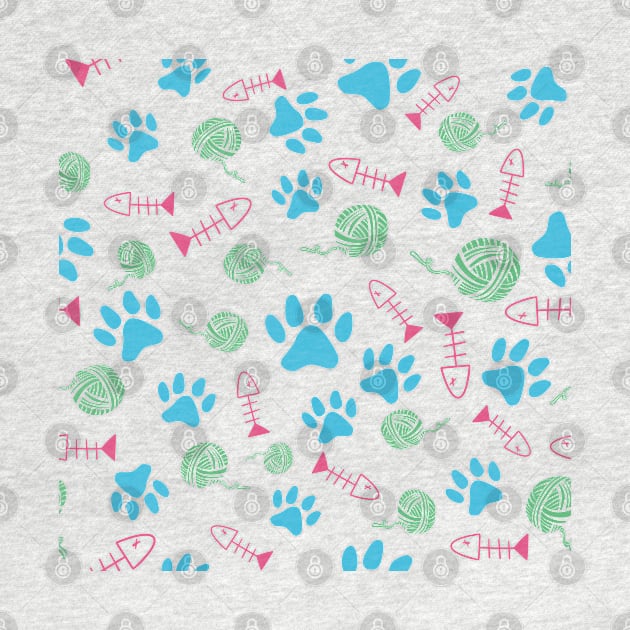 Cat Paw Print, Fish Bones, Ball of Yarn Pattern - Blue Version by SubtleSplit
